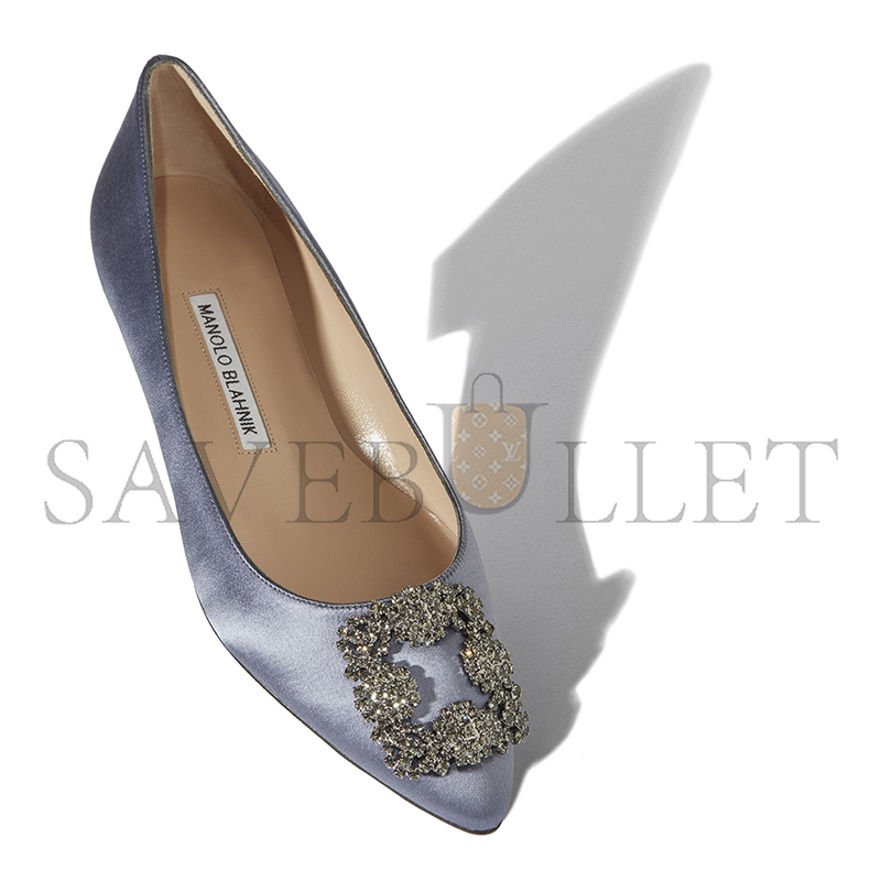 MANOLO BLAHNIK HANGISIFLAT GREY SATIN JEWEL BUCKLE FLAT PUMPS 9XX-0348-0034