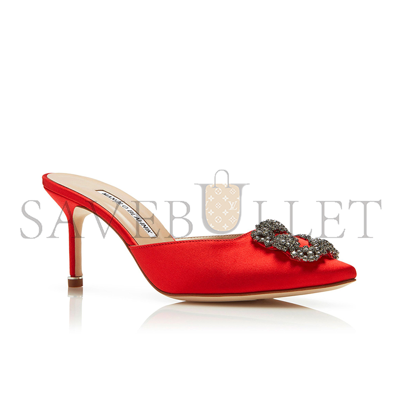 MANOLO BLAHNIK HANGISIMU RED SATIN JEWEL BUCKLE MULES 9XX-0726-0041