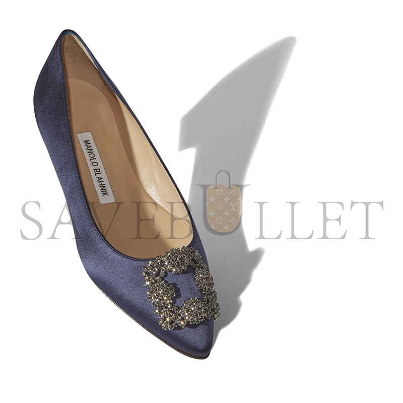 MANOLO BLAHNIK HANGISIFLAT NAVY SATIN JEWEL BUCKLE FLAT PUMPS 9XX-0348-0033