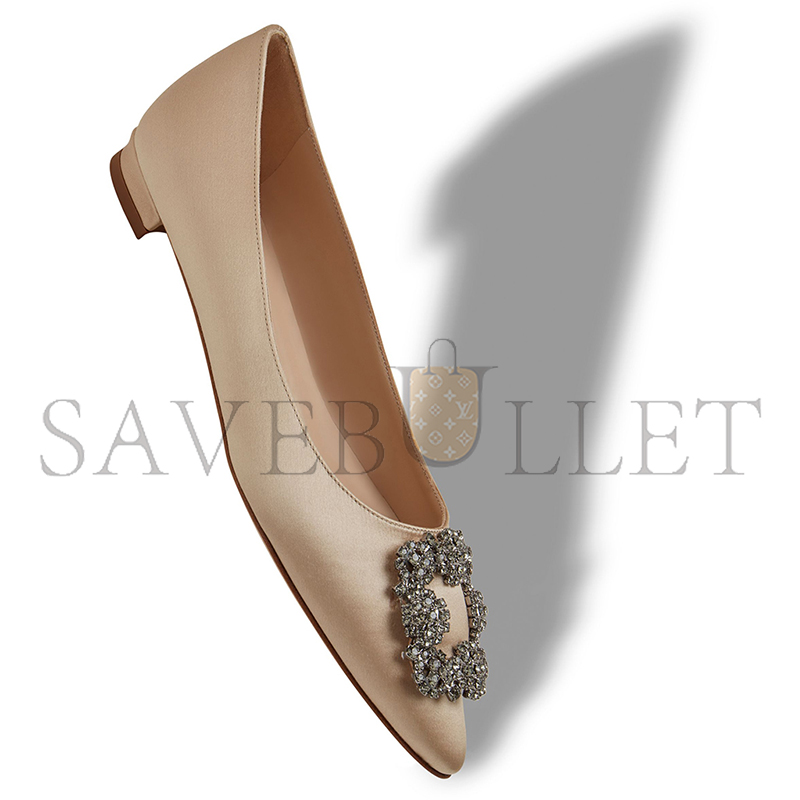 MANOLO BLAHNIK HANGISIFLAT CHAMPAGNE SATIN JEWEL BUCKLE FLAT PUMPS 9XX-0348-0044
