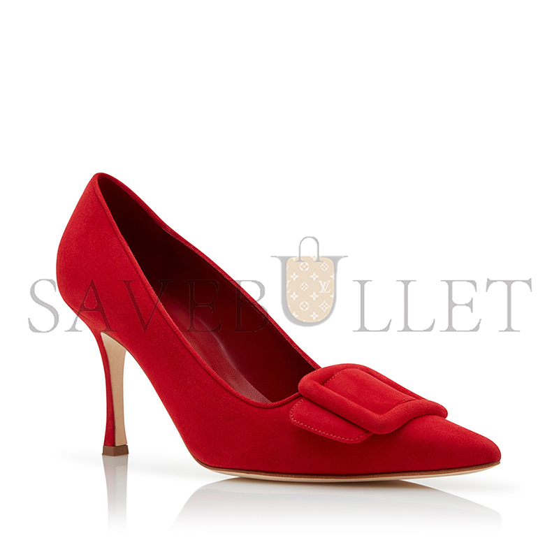 MANOLO BLAHNIK MAYSALEPUMP 90 BRIGHT RED SUEDE BUCKLE DETAIL PUMPS 219-0174-0002