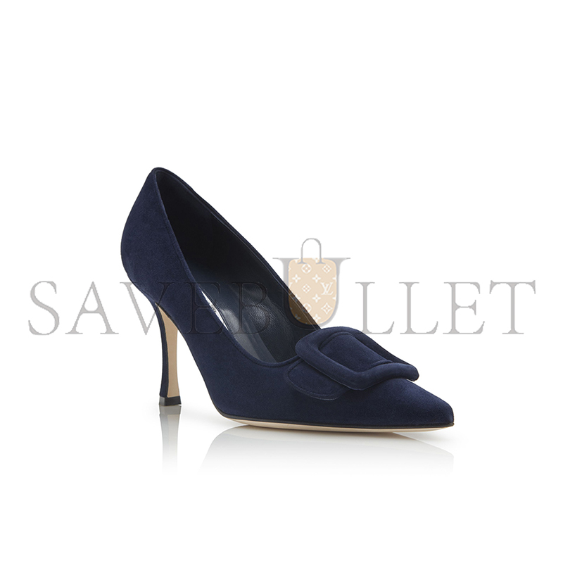 MANOLO BLAHNIK MAYSALEPUMP 90 NAVY BLUE SUEDE BUCKLE DETAIL PUMPS 219-0174-0010