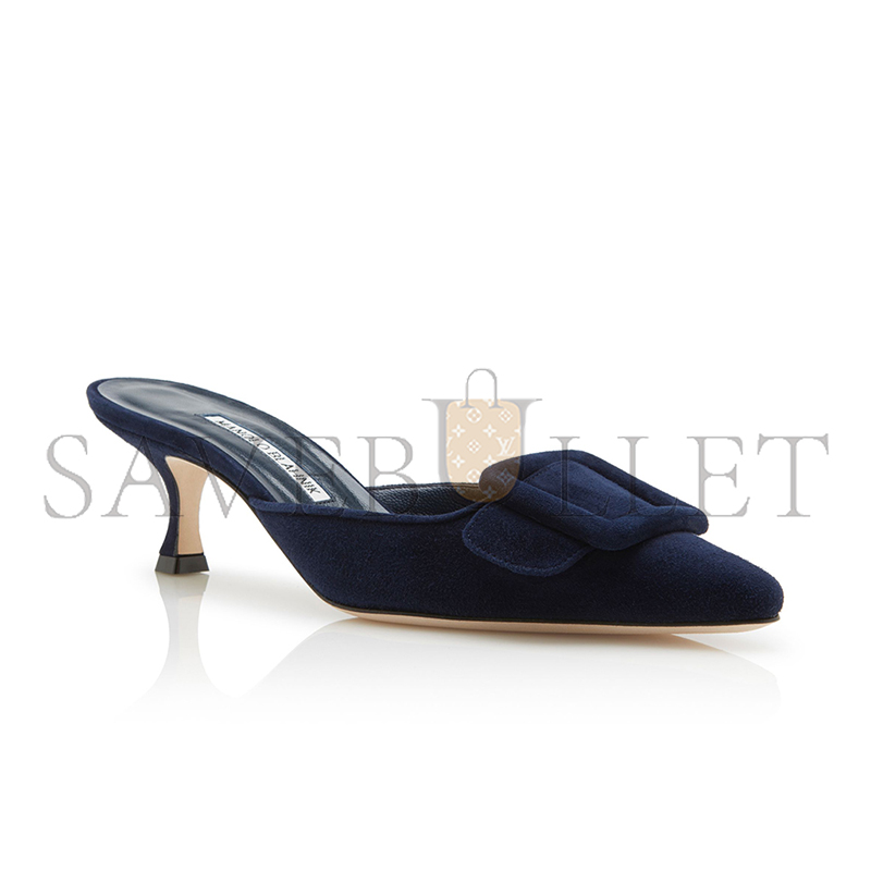 MANOLO BLAHNIK MAYSALE NAVY BLUE SUEDE KITTEN HEEL MULES 9XX-0246-0006