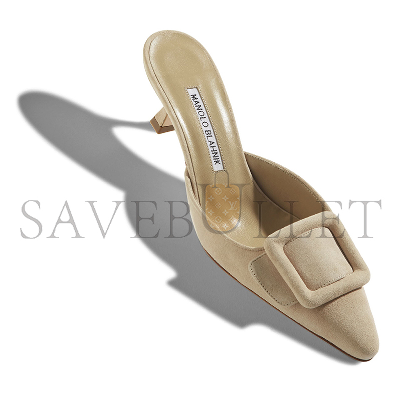 MANOLO BLAHNIK MAYSALE BEIGE SUEDE KITTEN HEEL MULES 9XX-0246-0009