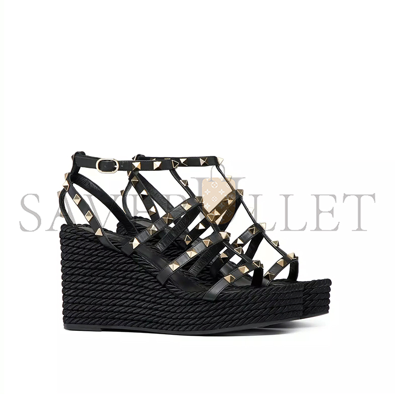 VALENTINO ROCKSTUD ANKLE STRAP WEDGE SANDAL IN CALFSKIN LEATHER 95MM 5W2S0F95BAE_0NO