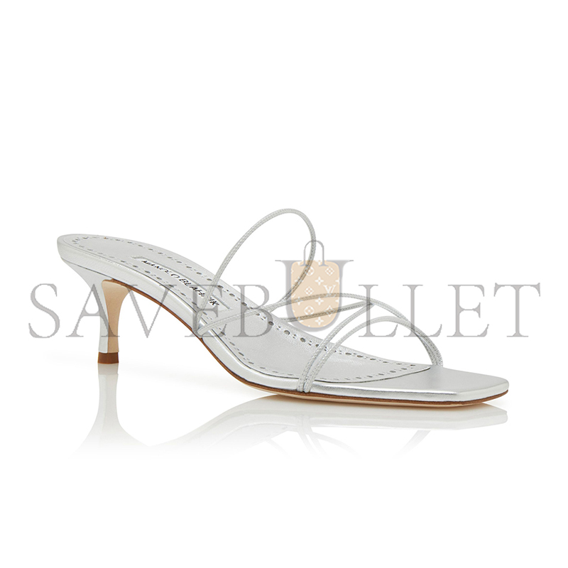 MANOLO BLAHNIK NINFEMU SILVER NAPPA LEATHER OPEN TOE MULES 224-1685-0002
