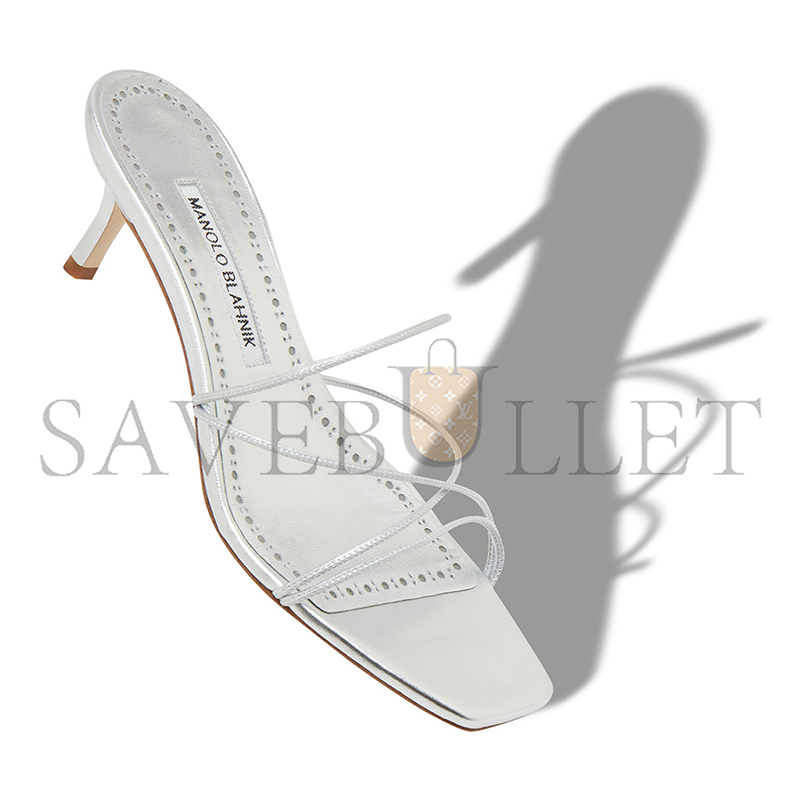 MANOLO BLAHNIK NINFEMU SILVER NAPPA LEATHER OPEN TOE MULES 224-1685-0002