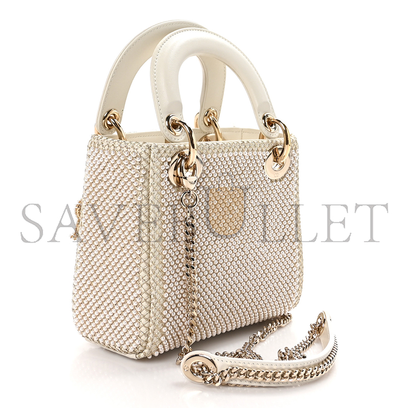 D*or mini lady D*or bag latte calfskin embroidered entirely with white resin pearls (17*15*7cm)