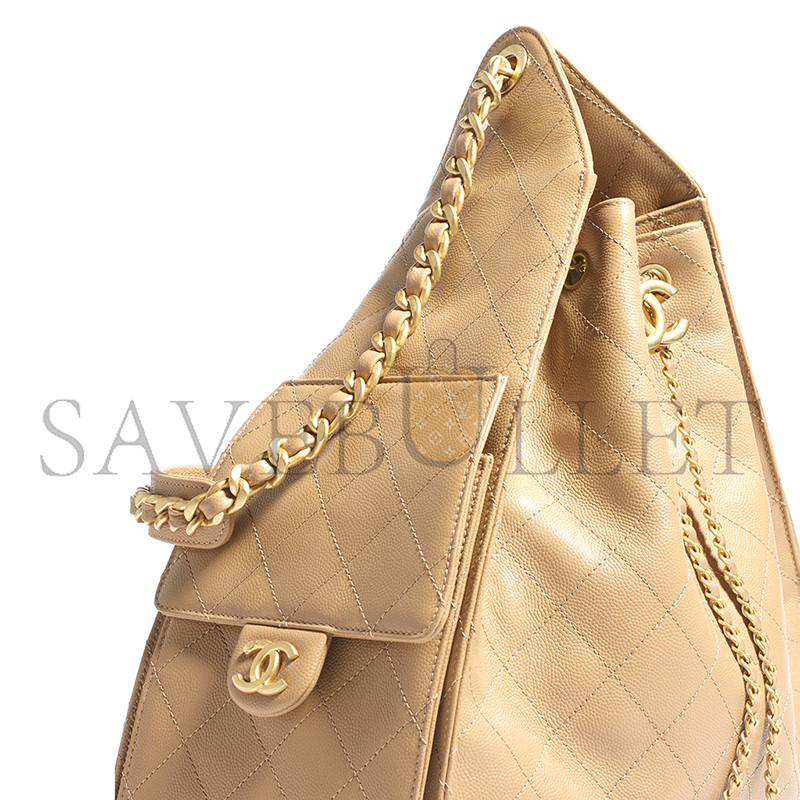 Ch*el master 25 medium handbag grained calfskin & gold-tone metal dark beige as5311 (40*30*15cm)