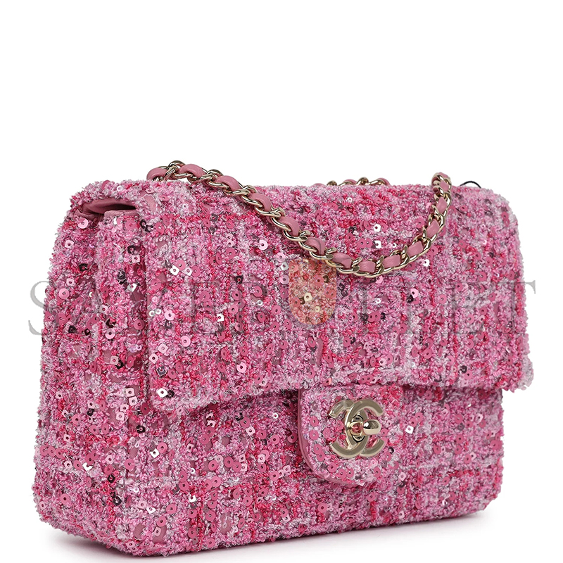 Ch*el mini classic rectangular flap bag pink tweed and sequin gold hardware 192410 (20*13*6cm)