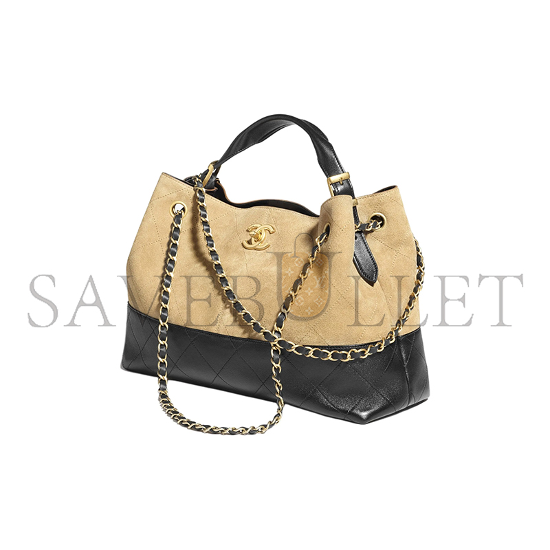 Ch*el master shopping bag suede calfskin, shiny lambskin & gold-tone metal beige & black as5634 (36*24*12cm)