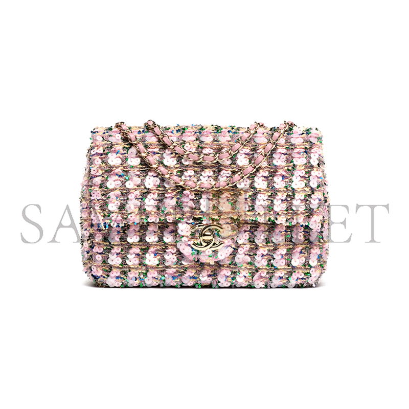 Ch*el flap bag sequins & gold-tone metal light pink, green & yellow as4561 (21*14*8cm)