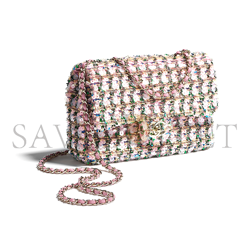 Ch*el flap bag sequins & gold-tone metal light pink, green & yellow as4561 (21*14*8cm)