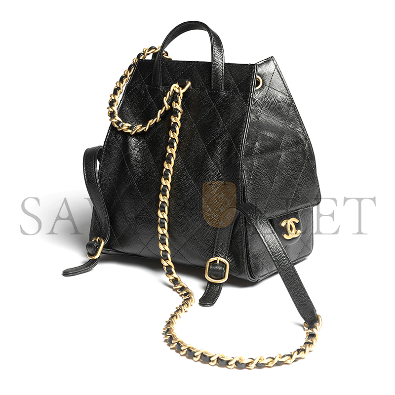 Ch*el 25 medium backpack grained calfskin & gold-tone metal black as5600 (23*23*14cm)