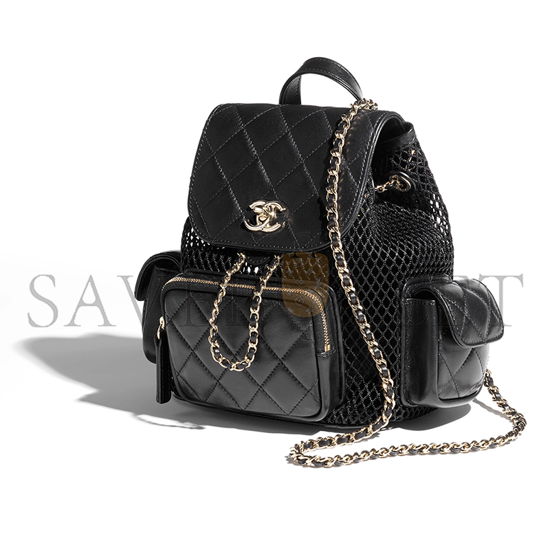 CHANE BACKPACK MESH, SHINY LAMBSKIN & GOLD-TONE METAL BLACK AS5484 (25*23*14cm)