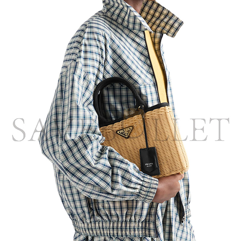 Pra*a medium wicker and canvas tote bag 1bg835 (26*18*11.5cm)