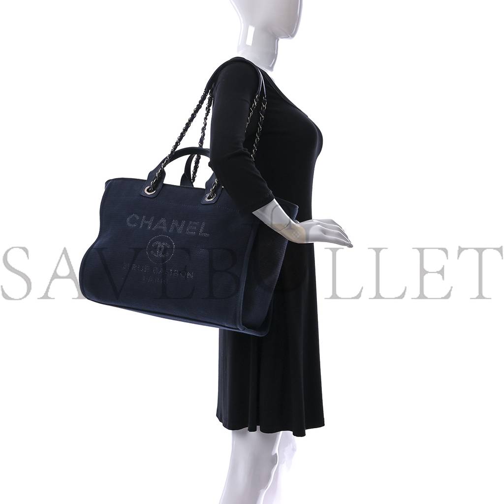 Ch*el mixed fibers calfskin medium deauville tote navy blue (38*29*23cm)