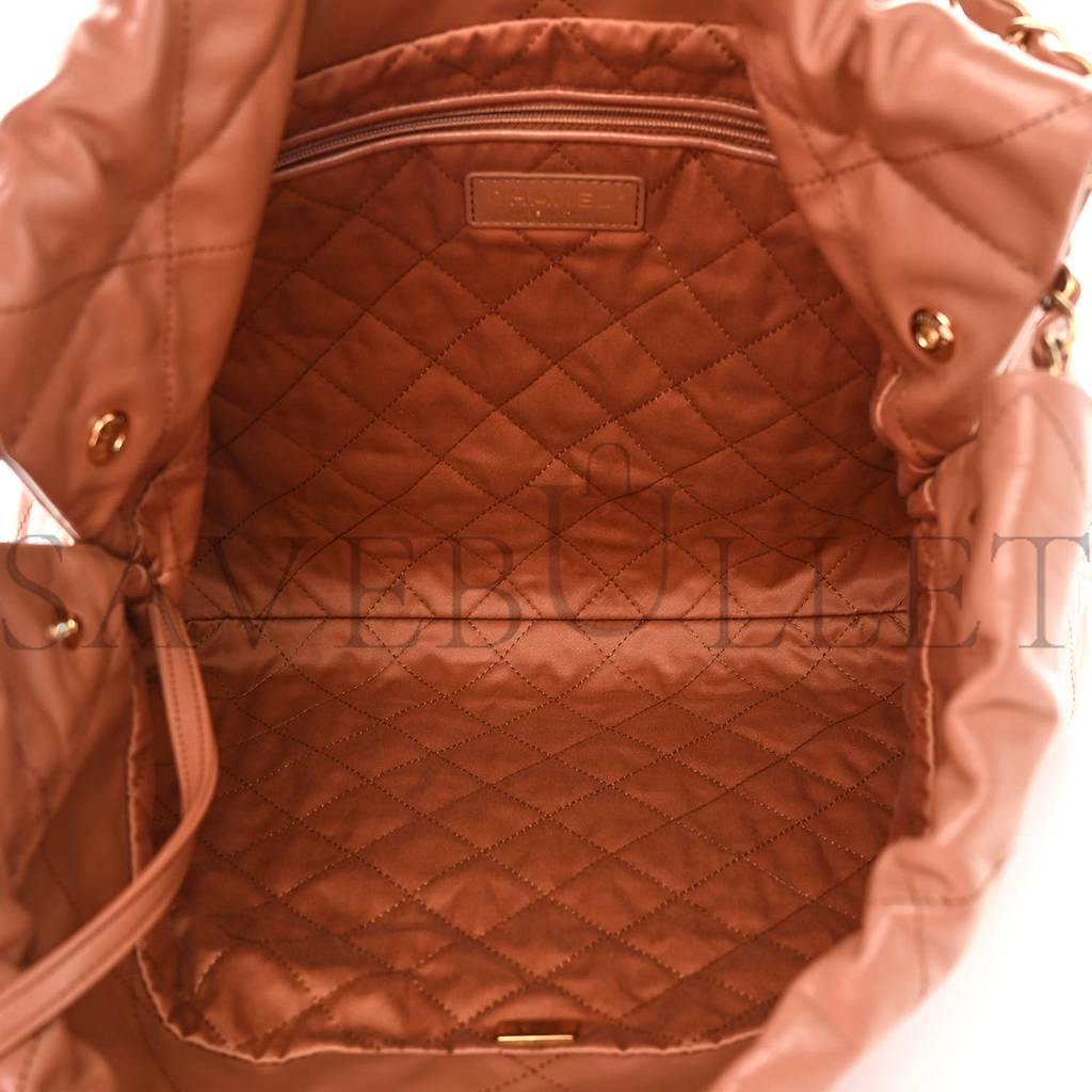 Ch*el shiny calfskin quilted Ch*el 22 camel gold hardware (37*35*7cm)