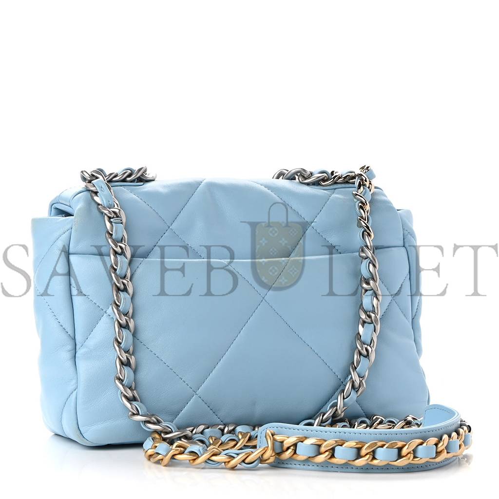Ch*el lambskin quilted medium Ch*el 19 flap light blue silver hardware (25*17*8cm)