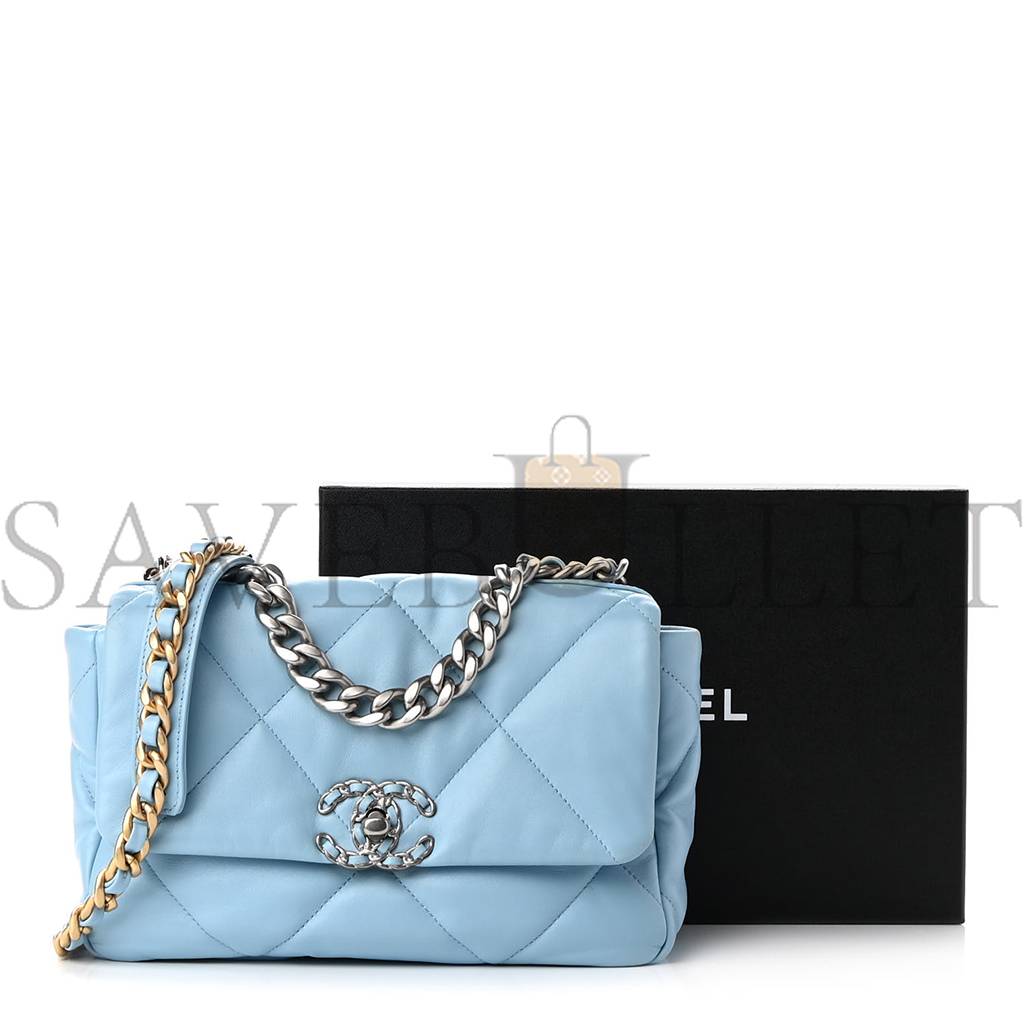 Ch*el lambskin quilted medium Ch*el 19 flap light blue silver hardware (25*17*8cm)