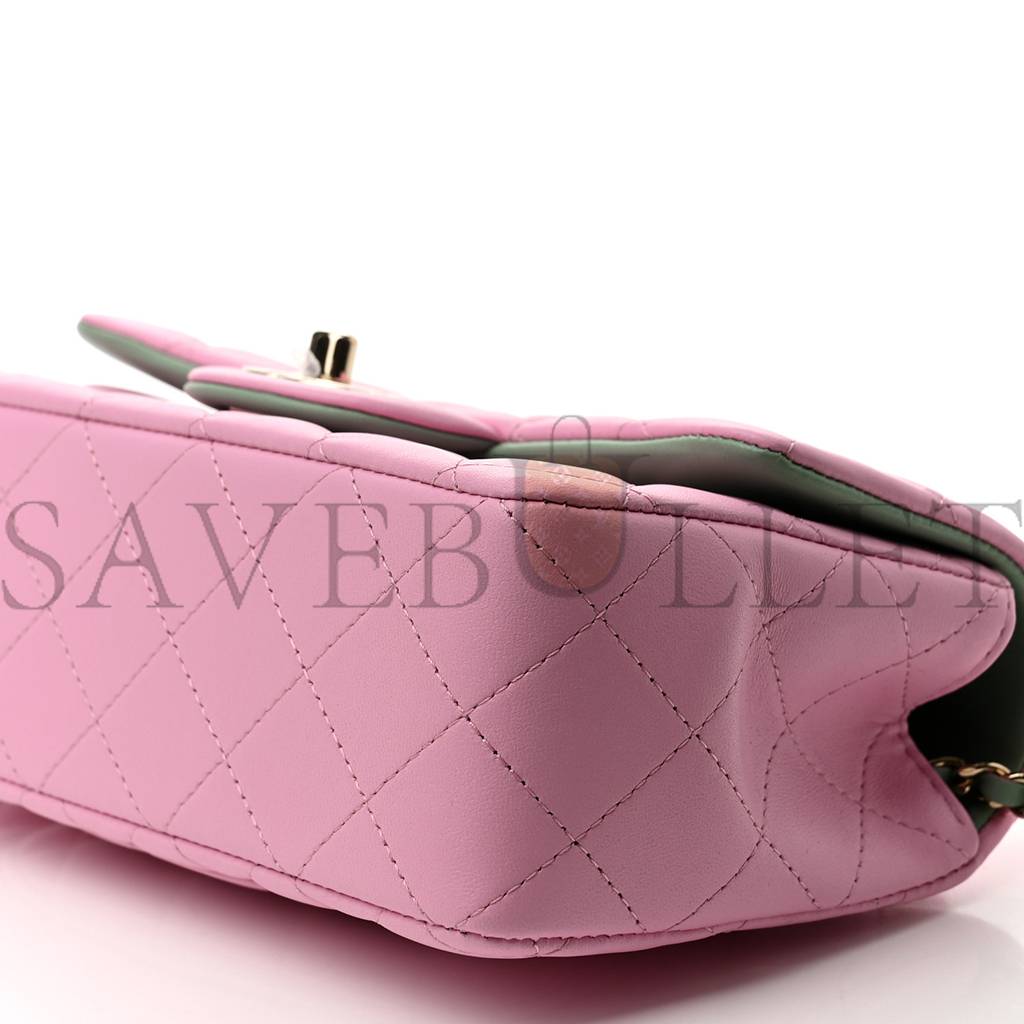 Ch*el lambskin quilted mini top handle rectangular flap lilac light green rose gold hardware (20*12*6cm)