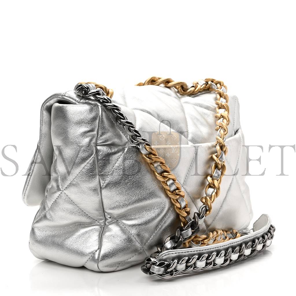 Ch*el metallic goatskin quilted large Ch*el 19 flap silver gold hardware (30*21*9cm)