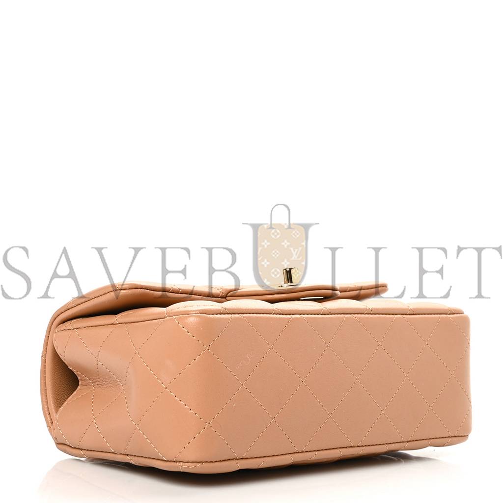 Ch*el lambskin quilted mini top handle rectangular flap beige rose gold hardware (19*13*6cm)