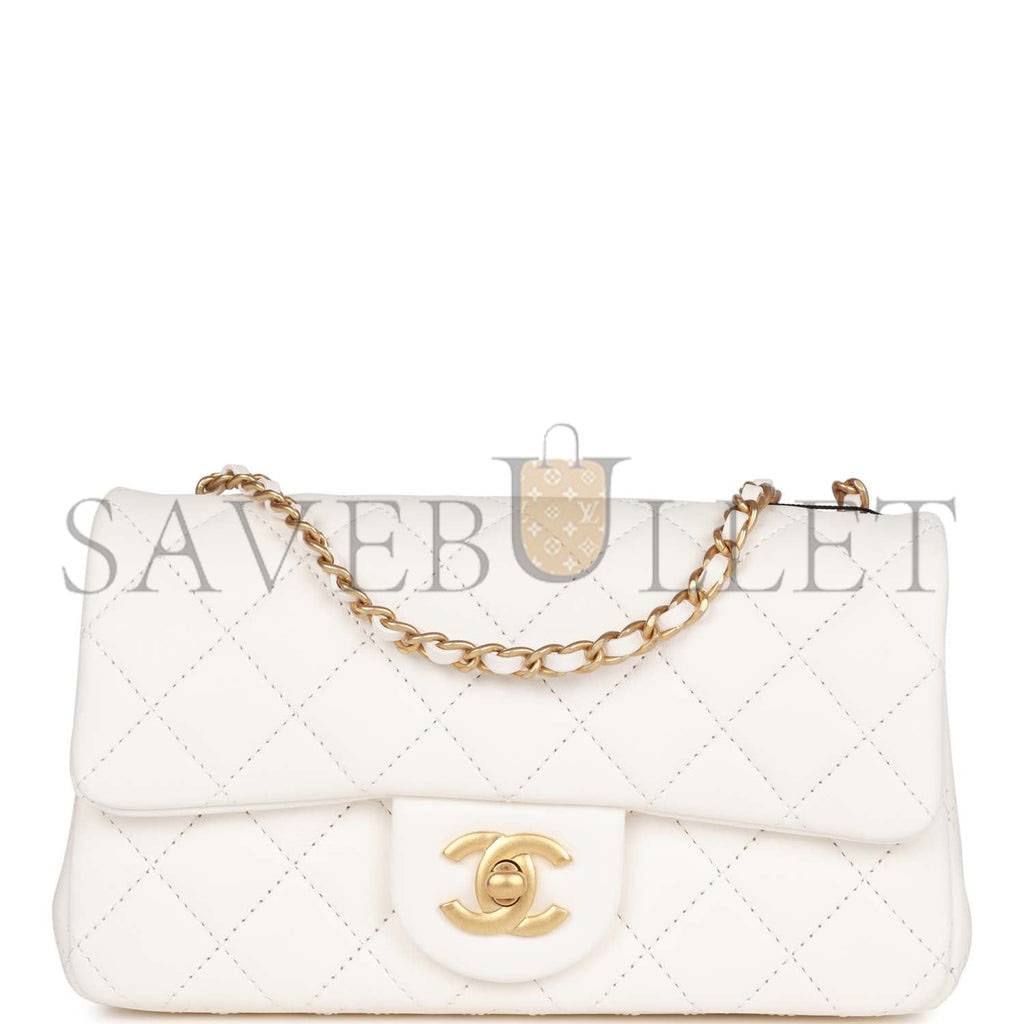 Ch*el pearl crush mini rectangular flap bag white lambskin antique gold hardware (20*13*6cm)