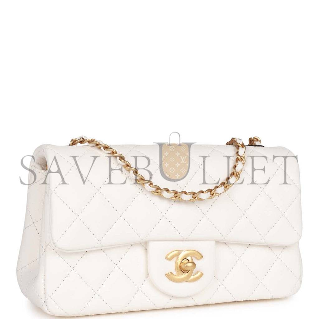 Ch*el pearl crush mini rectangular flap bag white lambskin antique gold hardware (20*13*6cm)