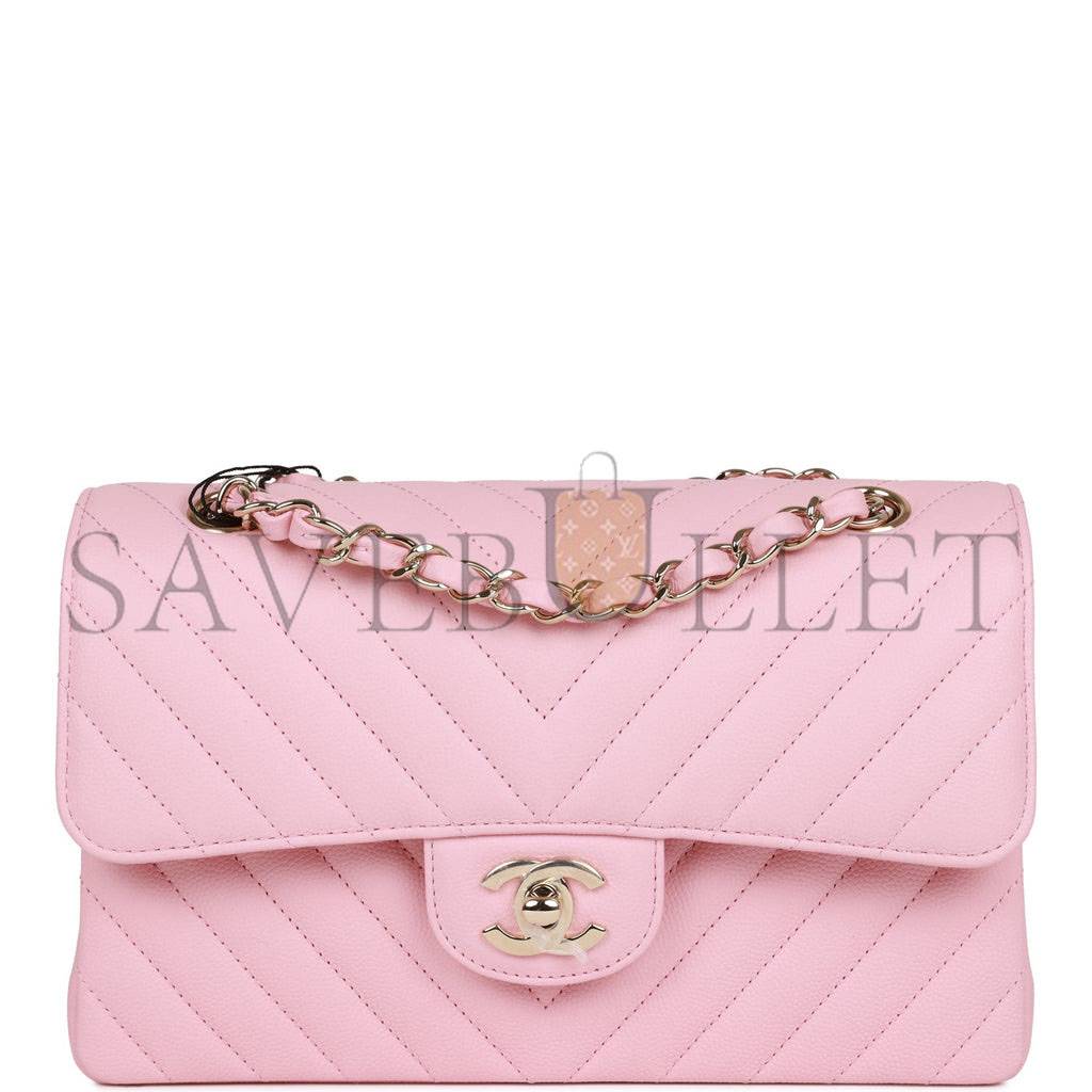 Ch*el small chevron classic double flap pink calfskin light gold hardware (23*13*6cm)