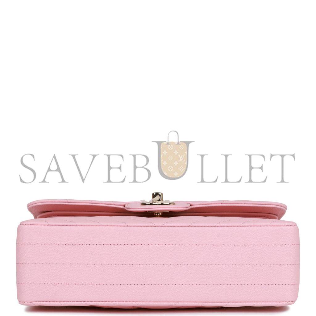 Ch*el small chevron classic double flap pink calfskin light gold hardware (23*13*6cm)