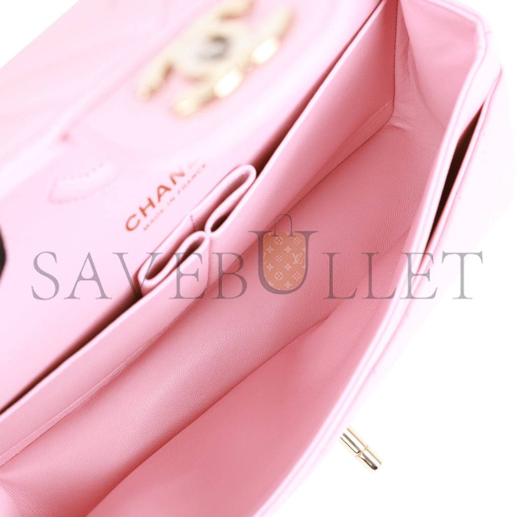 Ch*el small chevron classic double flap pink calfskin light gold hardware (23*13*6cm)