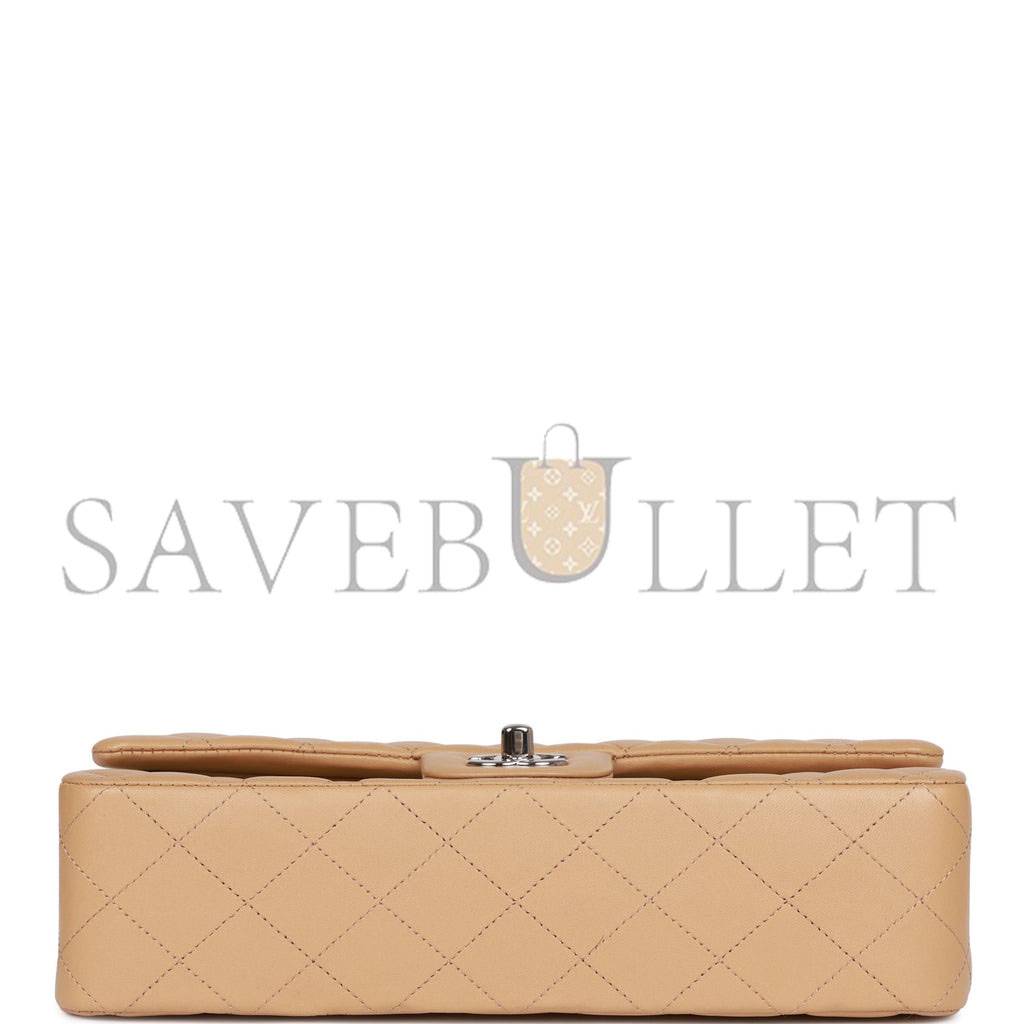 Ch*el medium classic double flap bag beige lambskin silver hardware (25*15*7cm)