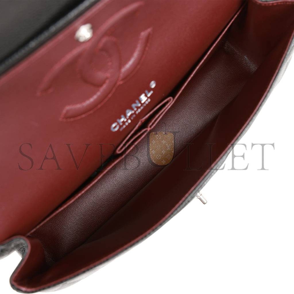 Ch*el medium classic double flap bag black quilted caviar silver hardware (25*15*7cm)