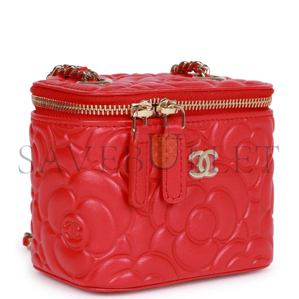 Ch*el camellia mini vanity case red lambskin light gold hardware (11*9*8cm)