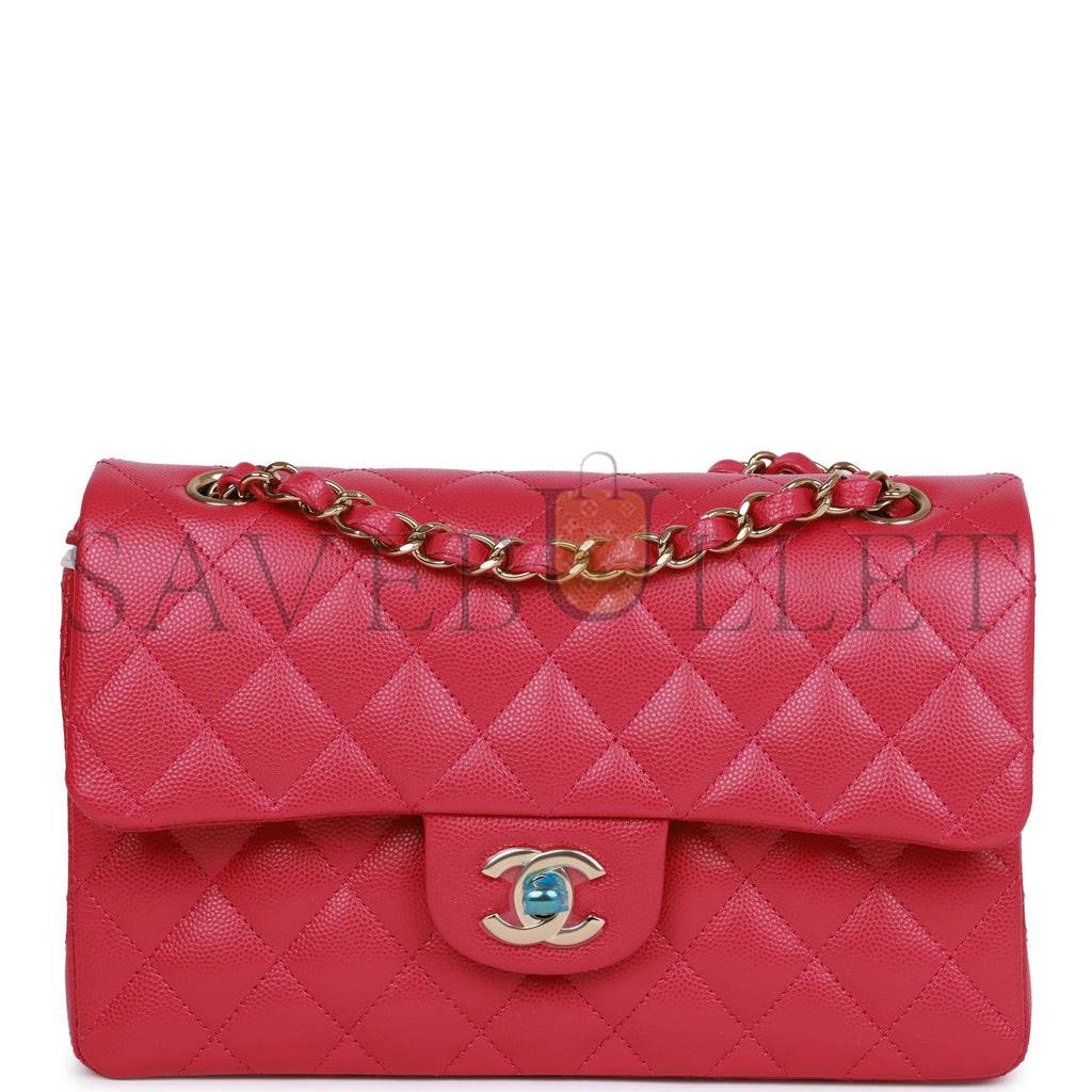Ch*el small classic double flap fuchsia caviar light gold hardware (23*13*6cm)