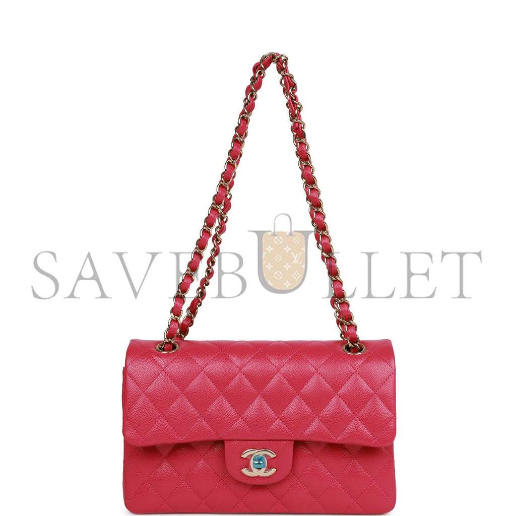 Ch*el small classic double flap fuchsia caviar light gold hardware (23*13*6cm)