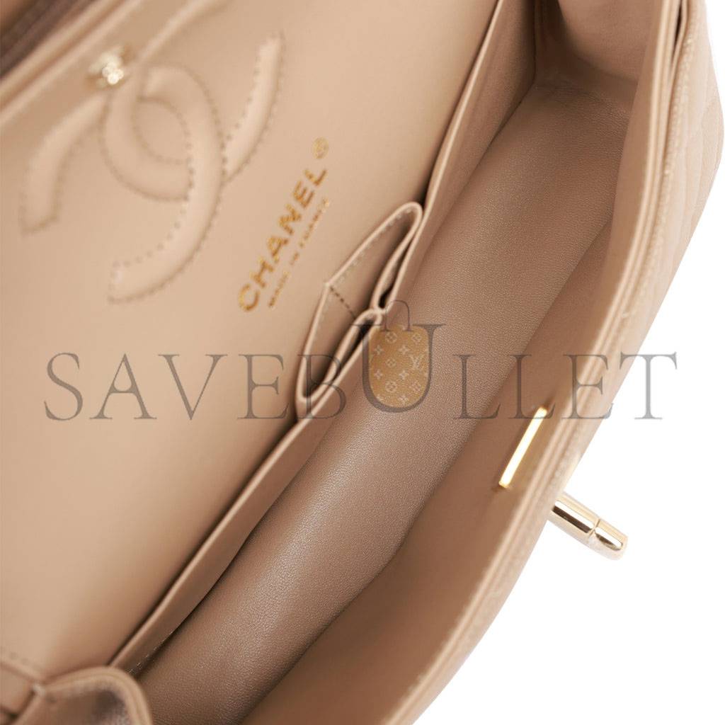 Ch*el small classic double flap dark beige caviar light gold hardware (23*13*6cm)