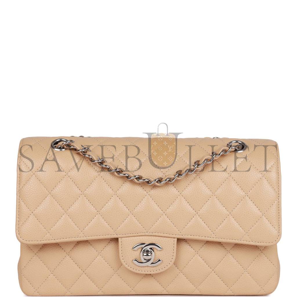 Ch*el medium classic double flap bag beige caviar silver hardware (25*15*7cm)