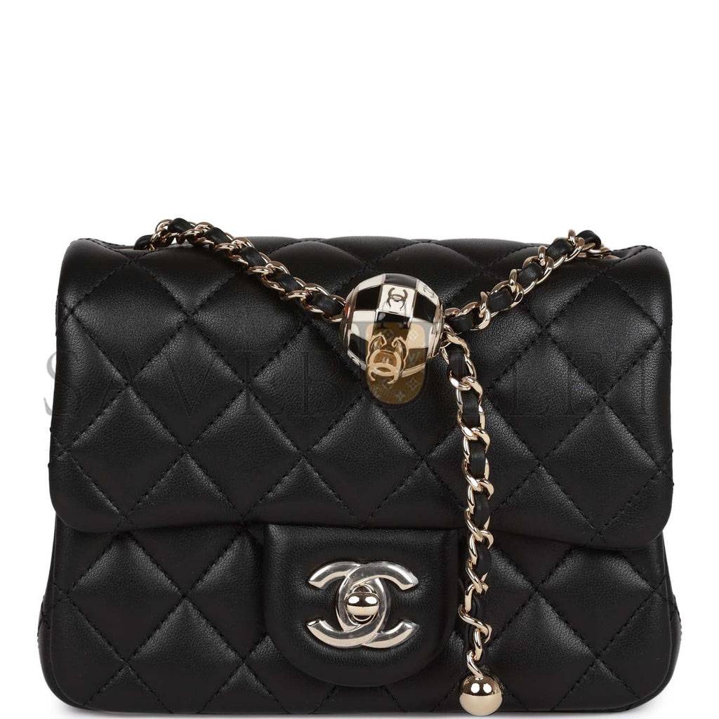 Ch*el pearl crush mini square flap bag black lambskin light gold hardware (17*14*8cm)