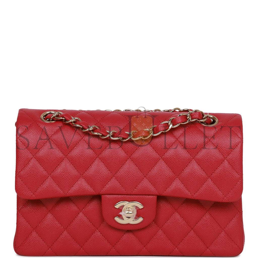 Ch*el small classic double flap dark pink caviar light gold hardware (23*13*6cm)