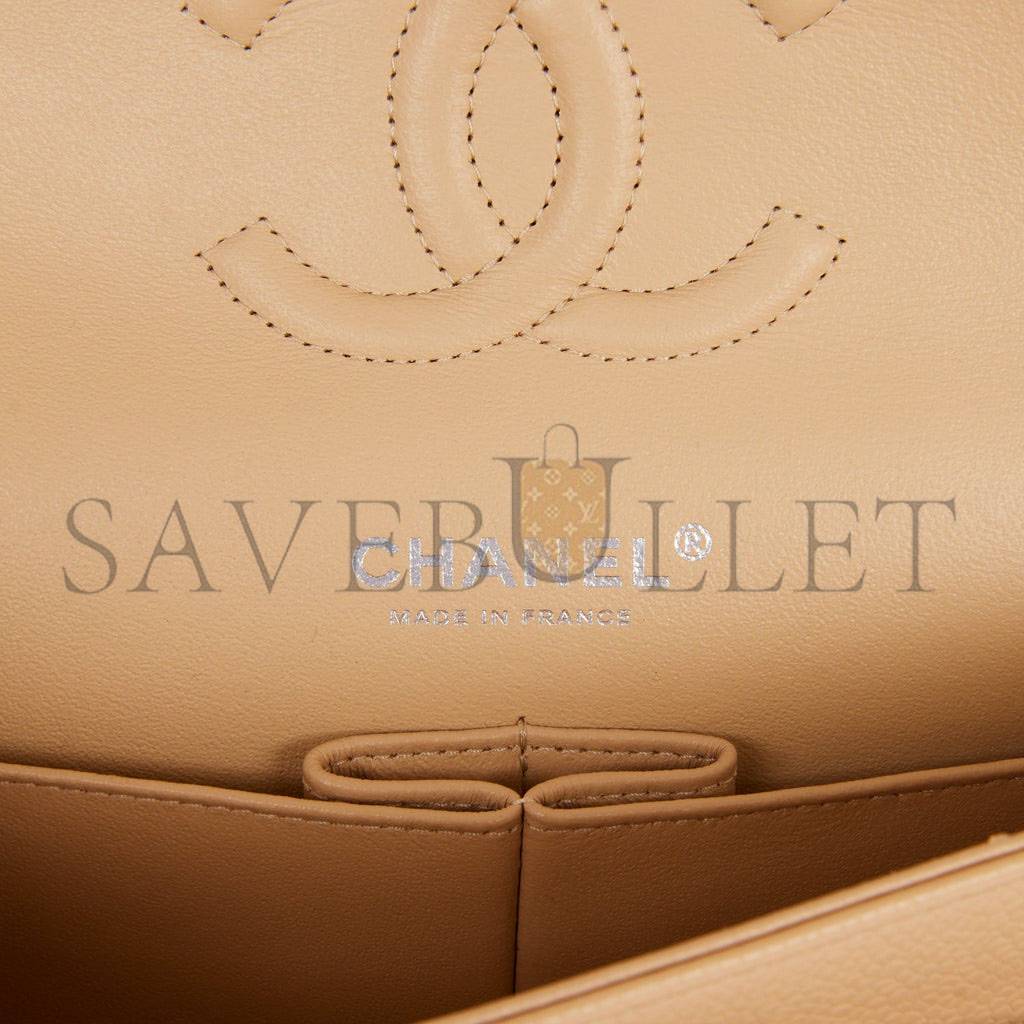 Ch*el medium classic double flap bag beige caviar silver hardware (25*15*7cm)