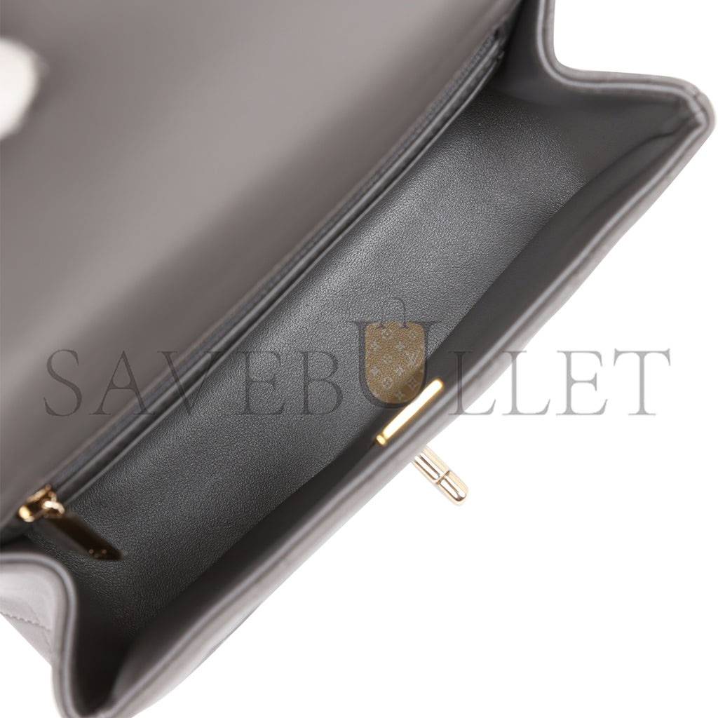 Ch*el mini rectangular flap bag with top handle dark grey lambskin light gold hardware (22*15*8cm)