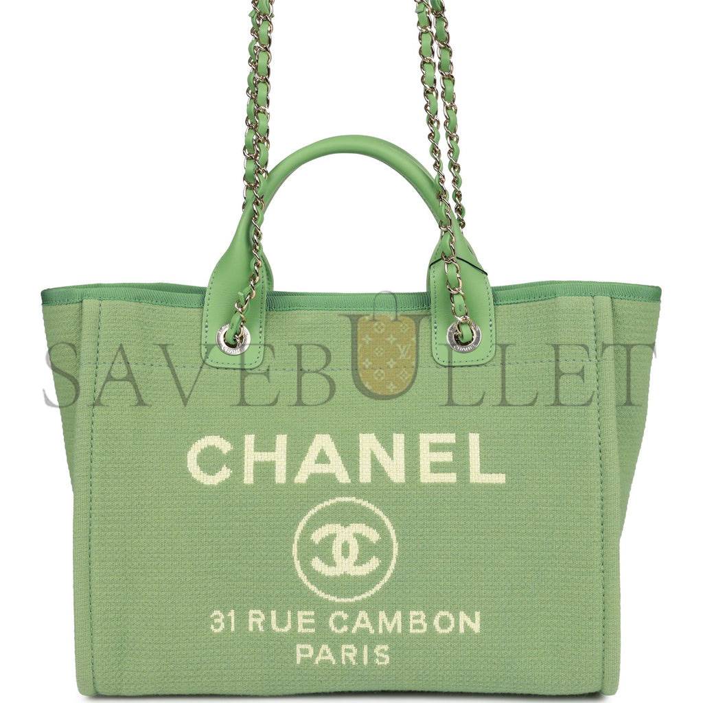 Ch*el small deauville shopping bag green boucle light gold hardware (34*27*15cm)
