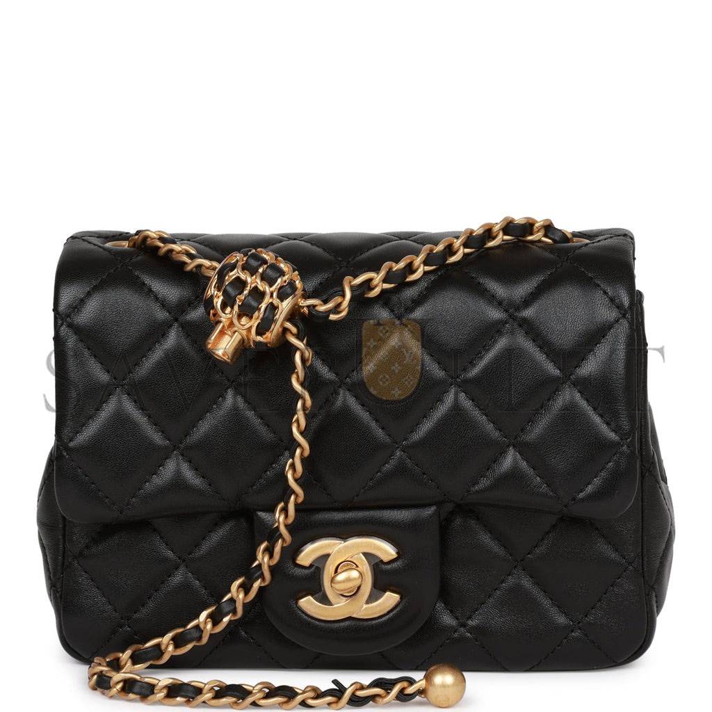 Ch*el pearl crush mini square flap bag black lambskin antique gold hardware (17*14*8cm)