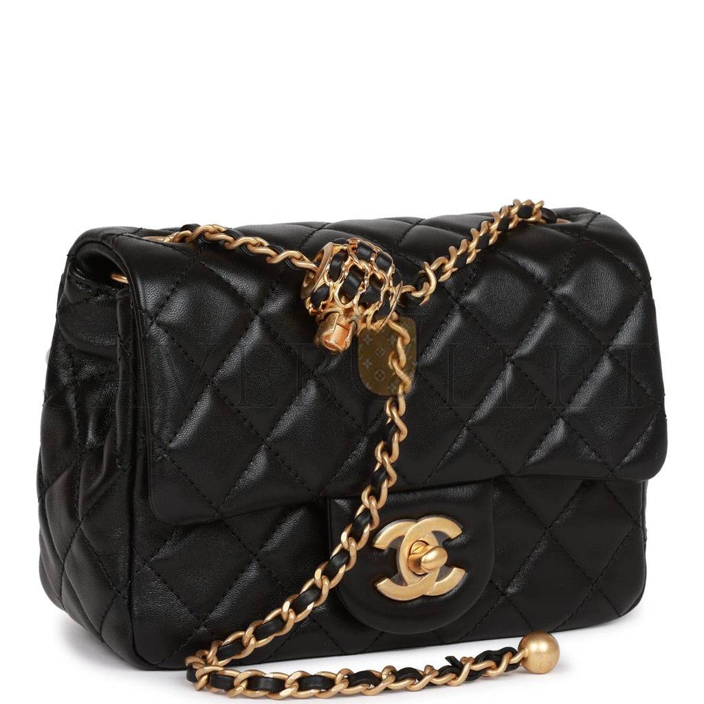 Ch*el pearl crush mini square flap bag black lambskin antique gold hardware (17*14*8cm)