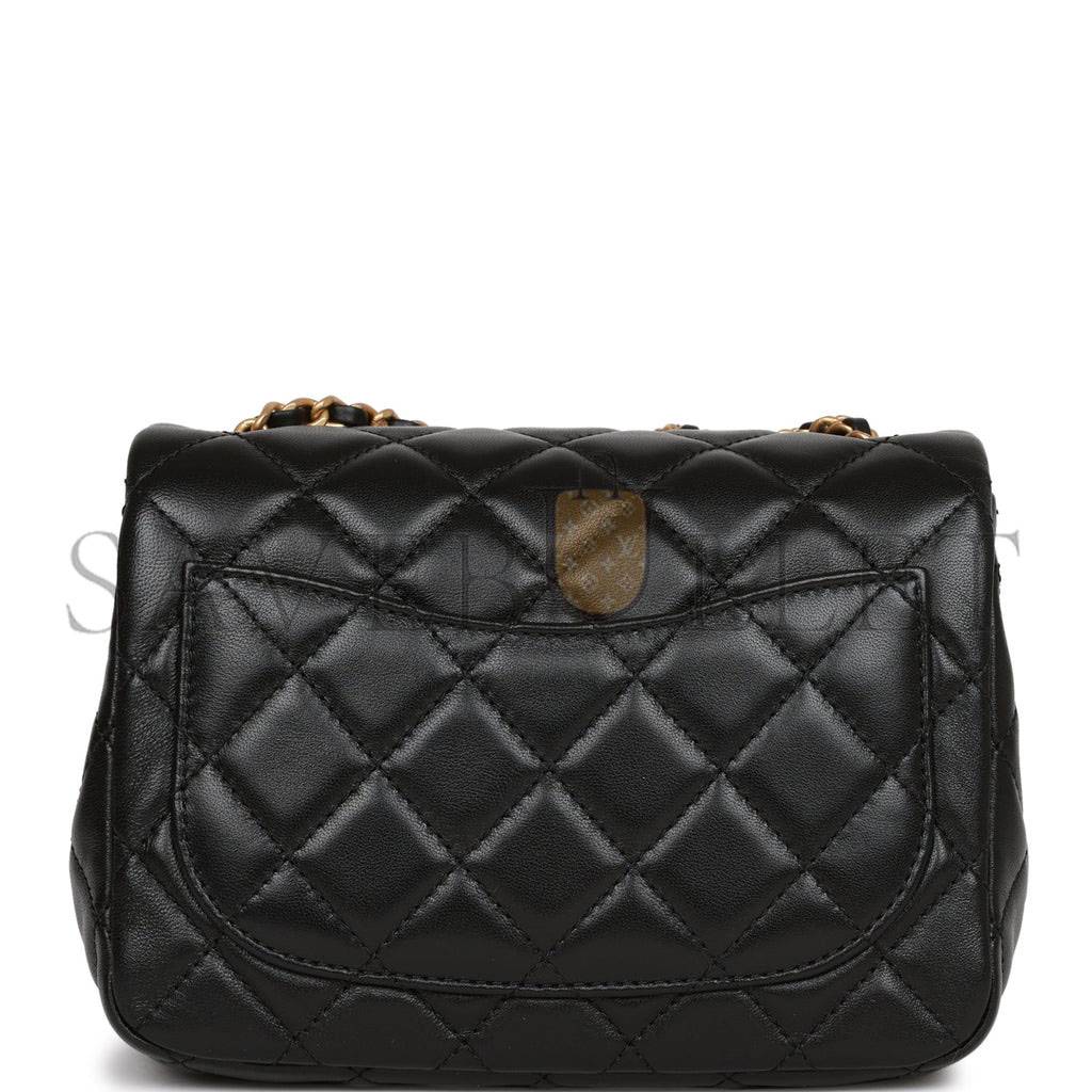 Ch*el pearl crush mini square flap bag black lambskin antique gold hardware (17*14*8cm)