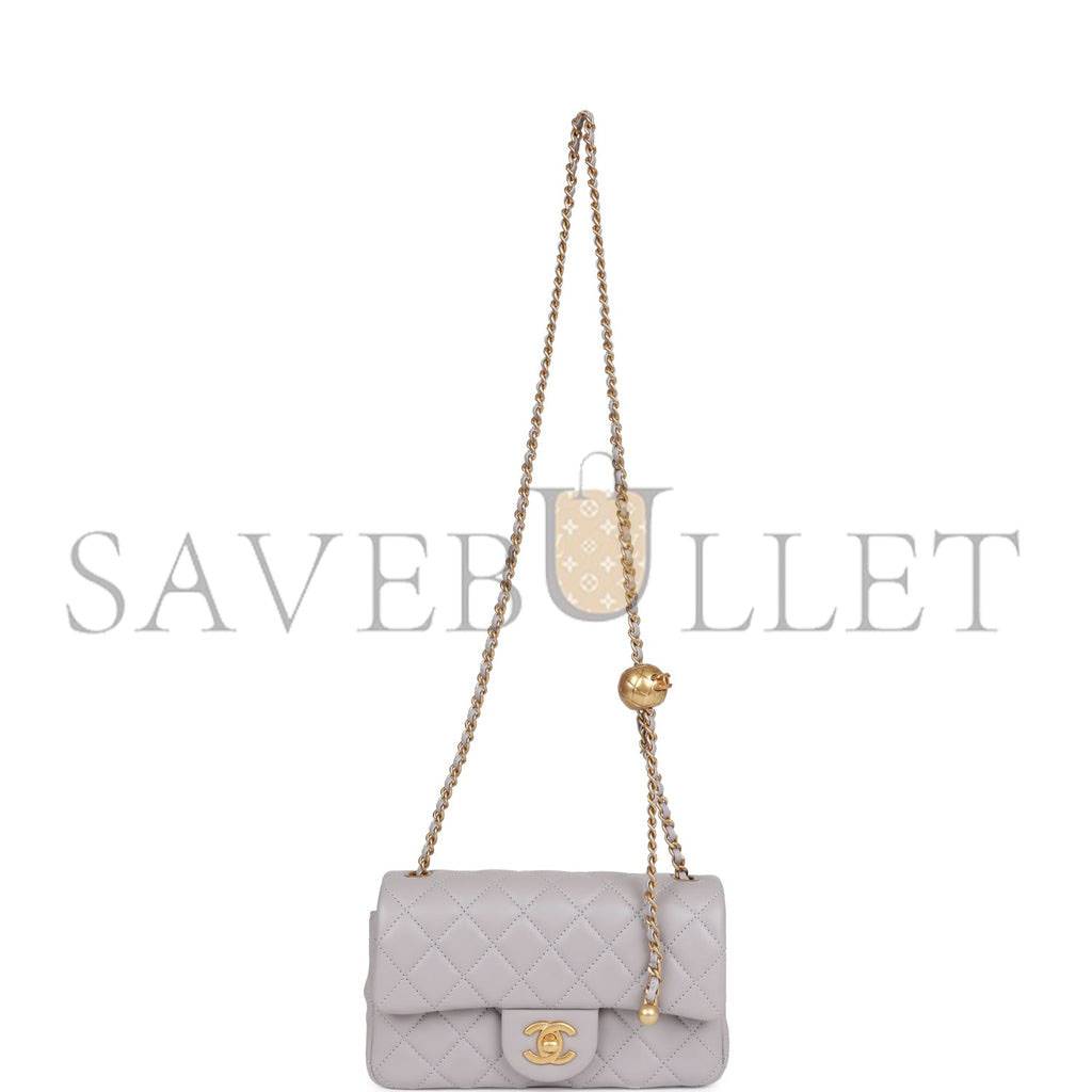 Ch*el pearl crush mini rectangular flap bag light grey lambskin antique gold hardware (20*13*6cm)