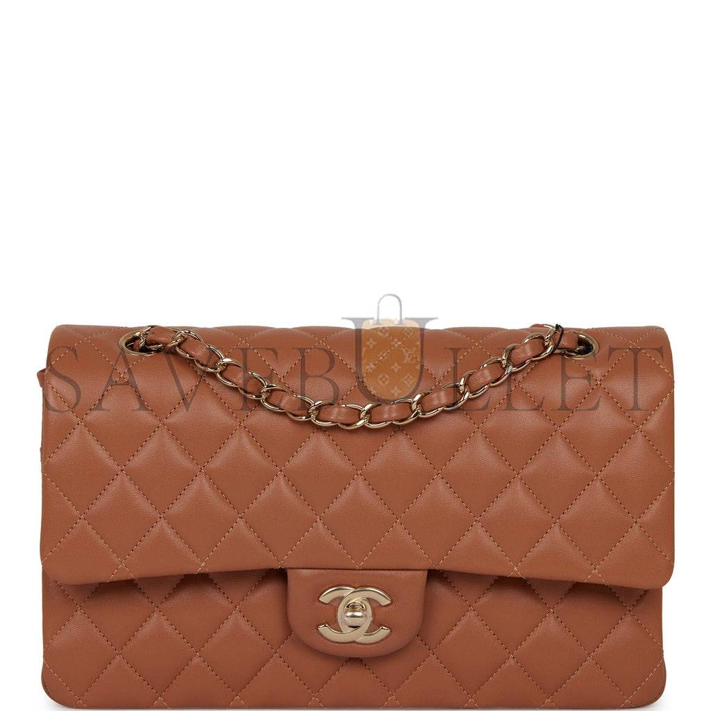 Ch*el medium classic double flap bag caramel lambskin light gold hardware (25*15*7cm)