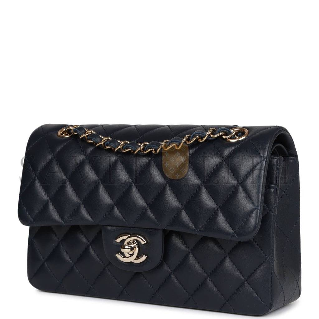 Ch*el small classic double flap navy lambskin light gold hardware (23*13*6cm)